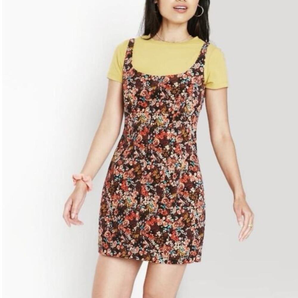 Wild Fable Floral Corduroy Mini Dress L Brown Square Neck Adjustable Straps